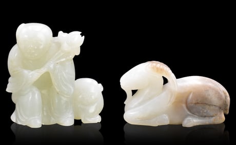 2 Chinese Jade Carved Boy & Ram Figure, 19th C.