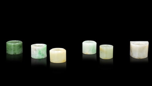 Group of 6 Jade & Jadeite Archer Ring, 19th C .