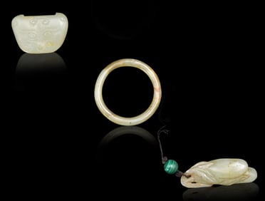 3 Chinese Jade Carved Ring & Toggle, 18/19th C.