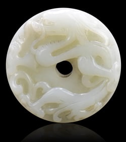 Chinese White Jade Carved Dragon Bi Disc, 19th C.