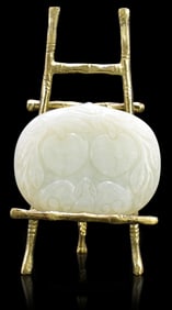 Chinese White Jade Carved Plaque w/ Peach,19th C.