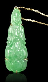 Chinese Jadeite Guanyin Necklace w/ 14K Gold Chain