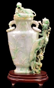 Chinese Jadeite Carved Covered Vase on Stand