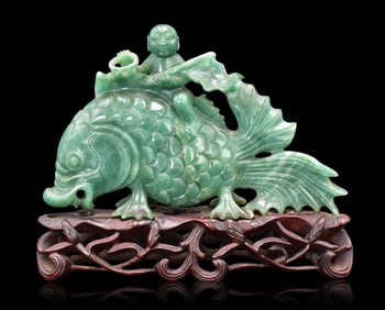 Chinese Green Jade Carved Boy Riding on Fish