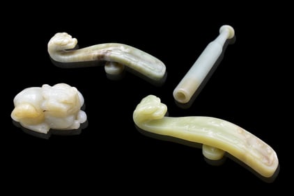 Group 4 Chinese Jade Carved Dragon Hook & Foo dog