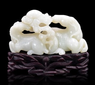 Chinese White Jade Carved Twin Horses on Stand