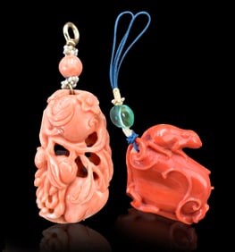 2 Chinese Coral Carved Toggle, Qing Dynasty