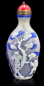 Chinese Peking Glass Carved Snuff Bottle w/ Boys