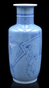 Chinese Blue Glazed Rouleau Vase w/ Figures,20th C