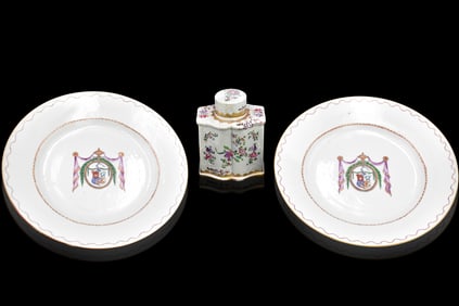 2 Chinese Export Armorial Dish & Tea Caddy,18th C.