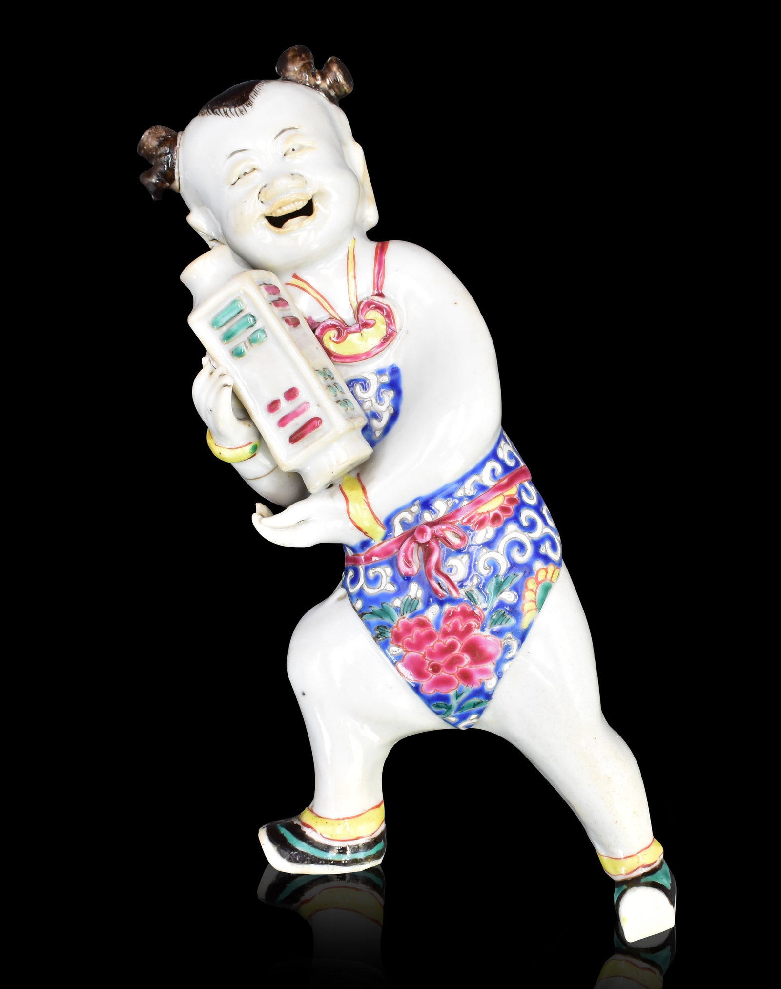 Chinese Famille Rose Boy Wall Vase, 18th C.: A Chinese famille rose boy wall vase, dating from the 18th century. The animated boy is happy with big smile and teeth showing, his right leg raised. He clutches a Cong vase in both arms and wears col
