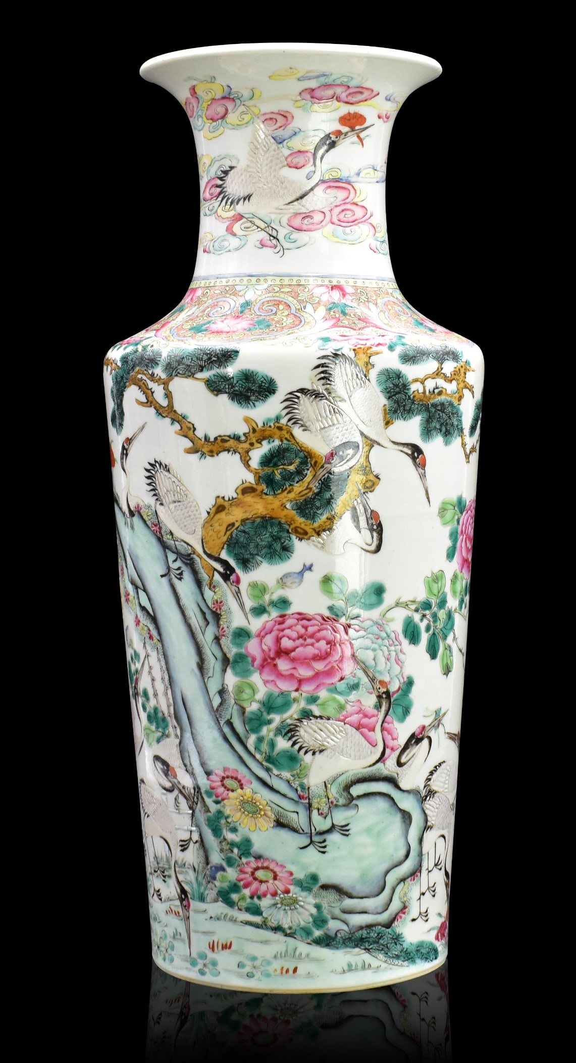Chinese Famille Rose "Crane" Rouleau Vase, ROC Pe.: A Chinese famille rose "crane" Rouleau vase, dating from the Republic period. A Rouleau style large vase with wide base, cylindrical body, and angled shoulder tapering to a thick neck and flared mouth