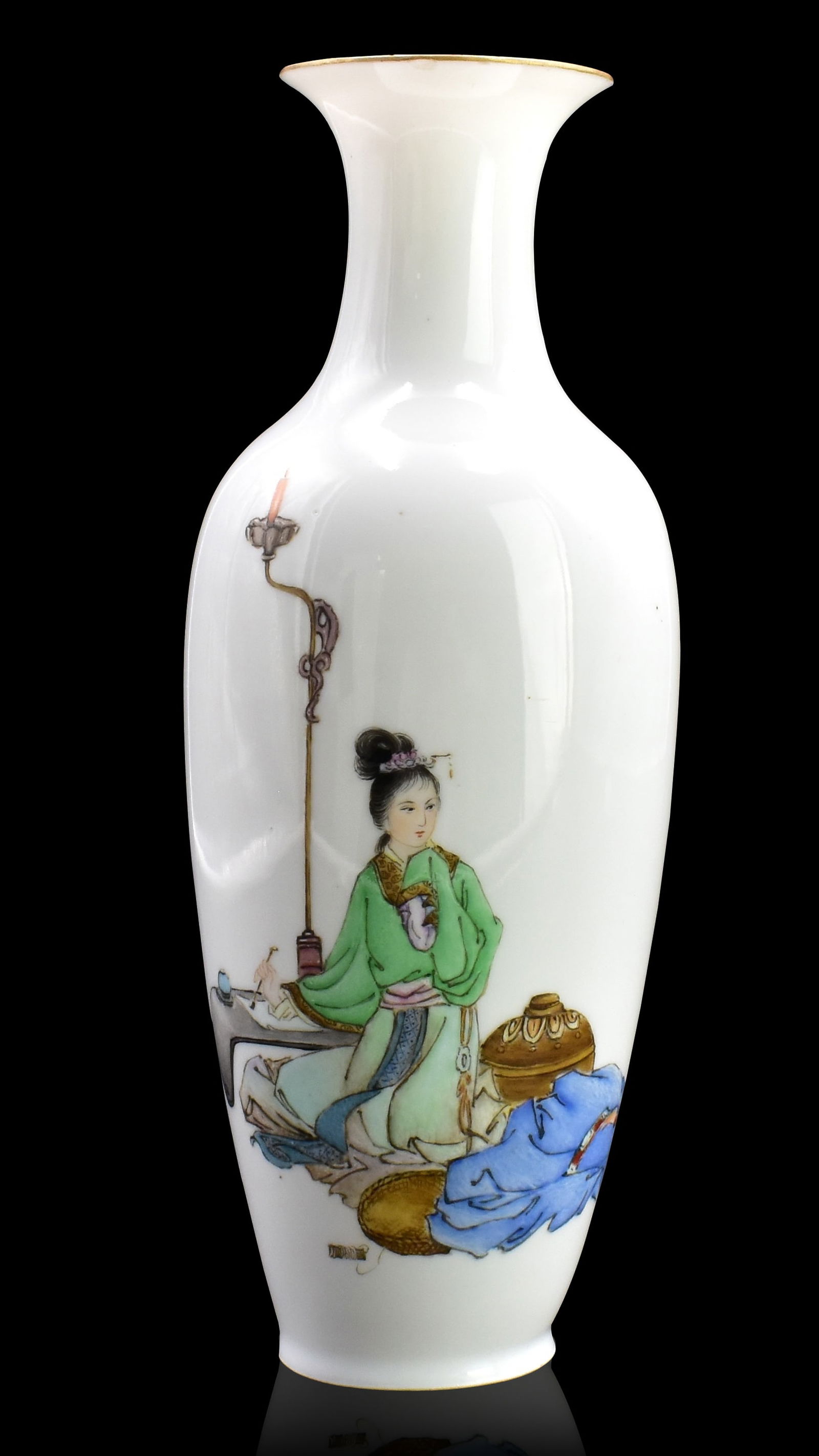 Chinese Famille Rose Vase w/ Figure, ROC Period: A Chinese famille rose vase with figure, dating from the Republic period. Rising almost straight from short footed base. A beauty kneels by a low writing table by a tall candlestick. Crisp iron red 4