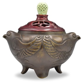 Chinese Bronze Cast Quail Censer & Cover, 19th C.