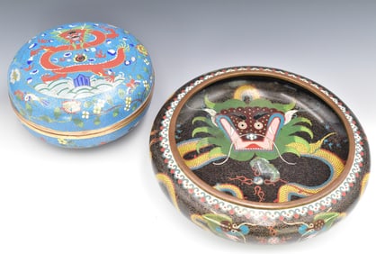 2 Chinese Cloisonne Dragon Covered Box & Washer