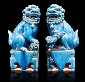 Pair of Chinese Peacock Glazed Foo-Lion Figure,ROC