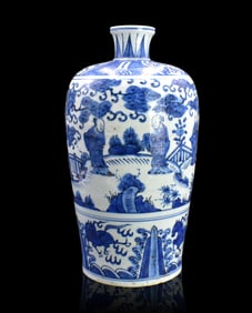 Chinese Blue & White Meiping Vase w/ Figure