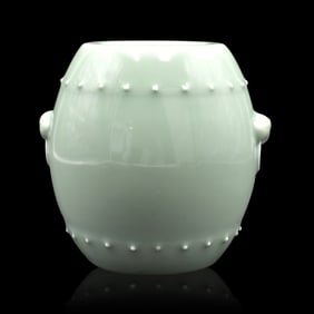 Chinese Celadon Glazed Drum Form Jar, Jiaqing Mark