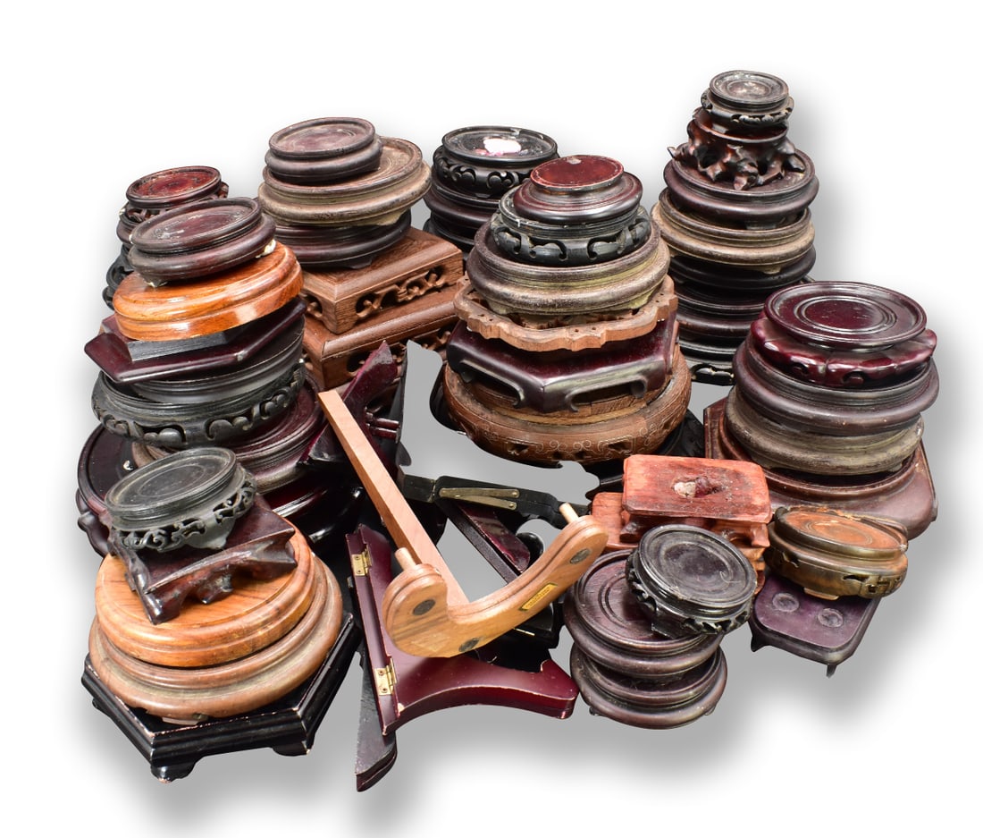 Group of 50 Chinese Wooden Stands: A group of 50 Chinese wooden stands. variety wood stands of different shapes and widths ,heights and ages. Link to HD Natural Light photos:Click here for high resolution images