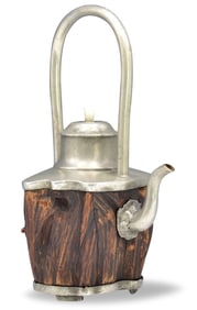 Chinese Chenxiang Wood Carved Pewter Teapot,ROC P