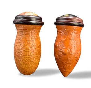 2 Chinese Gourd Carved Cricket Cage w/ Tortoishell