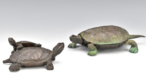 2 Japanese Bronze Turtle Covered Box, Meiji Period