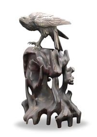 Japanese Bronze Okimono Hawk on Wood Stand, Meiji