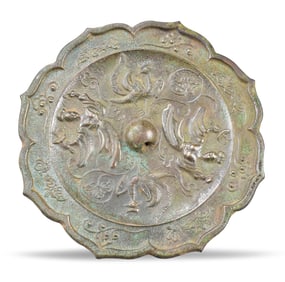 Chinese Lobed Bronze Mirror w/ Deity & Phoenix