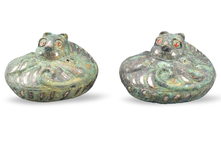 Pair Chinese Bronze Tiger Weights w/ Silver Inlaid