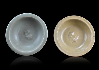 2 Chinese Longquan Celadon Twin Fish Washer,Yuan D