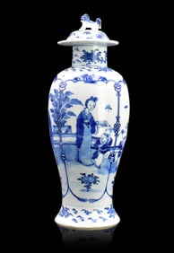 Chinese Blue & White Covered Vase w/ Figure,19th C