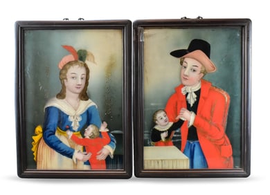 Pair Chinese Reverse Painted Plaque w/ Figures,ROC