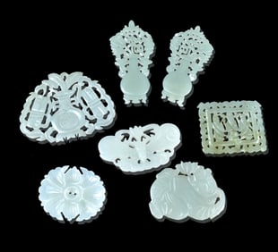 Group of 7 Chinese Jade Carved Plaques, 18/19th C.