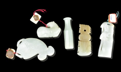 5 Chinese Jade Carved Plaque,Horse& Pipe,18/19th C