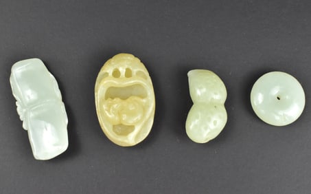 Set of 4 Chinese Jade Carved Toggle & Ring, 19th C