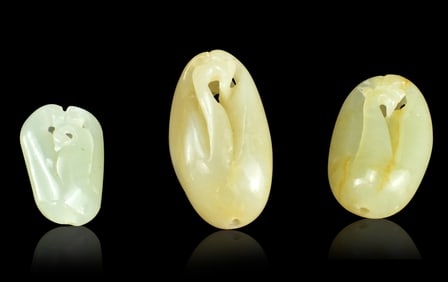 Set of 3 Chinese Jade Carved Toggles, 19th C.