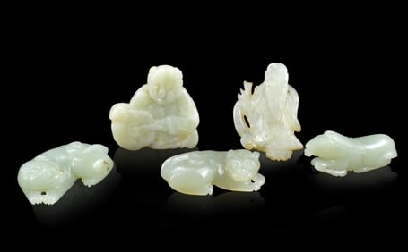 Group 5 Chinese Jade Carved Beast & Figures,19th C