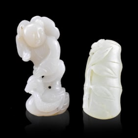2 Chinese Jade Carved Boy on Duck & Bamboo Plaque