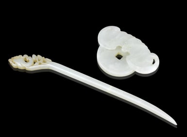 2 Chinese White Jade Carved Toggle &Hairpin,19th C