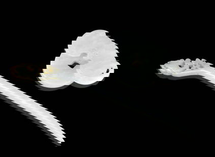 2 Chinese White Jade Carved Toggle &Hairpin,19th C: Two Chinese white jade carved items; dated from Qing Dynasty, gracefully curving hairpin incised with phoenix shaped handle. The toggle is base on a Chinese coin with Square hole center and a large ba