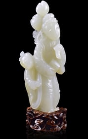 Chinese White Jade Carved Lady Figure w/ Boy, Qing