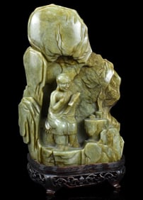 Chinese Jade Carved Boulder w/ Luohan,Qing Dynasty