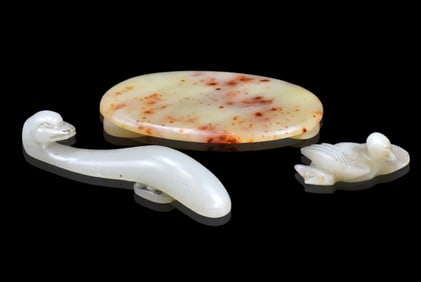 3 Chinese Carved Jade Belt Buckle & Bird, Qing D.