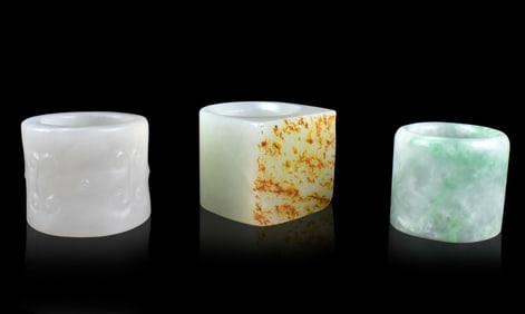 3 Chinese Jade & Jadeite Archer Rings,Qing Dynasty