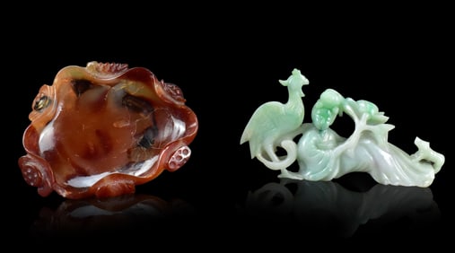 Chinese Jadeite & Agate Carved Lady& Washer,19th C
