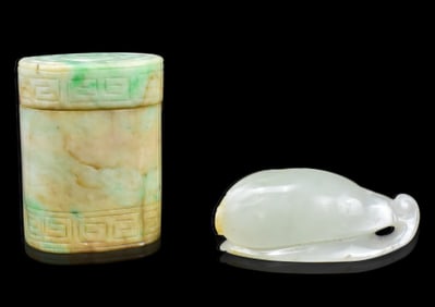 Chinese Jadeite & Jade Carved Box & Toggle, 19th C