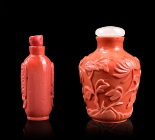 2 Chinese Peking Glass Coral Snuff Bottle, Qing D.
