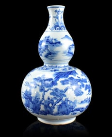 Chinese Blue & White Landscape Gourd Vase,17th C.