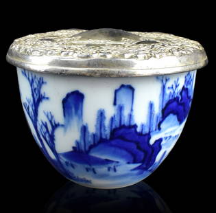 Chinese Blue & White Bowl w/ Silver Cover,17th C.: A Chinese blue and white bowl with silver cover. dated from 17th C, The bowl features a Chinese landscape design with trees, water, mountains, and a solitary figure contemplating. Topped with a silver