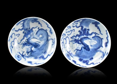 Pair of Chinese Blue & White Dragon Dishes,18th C.